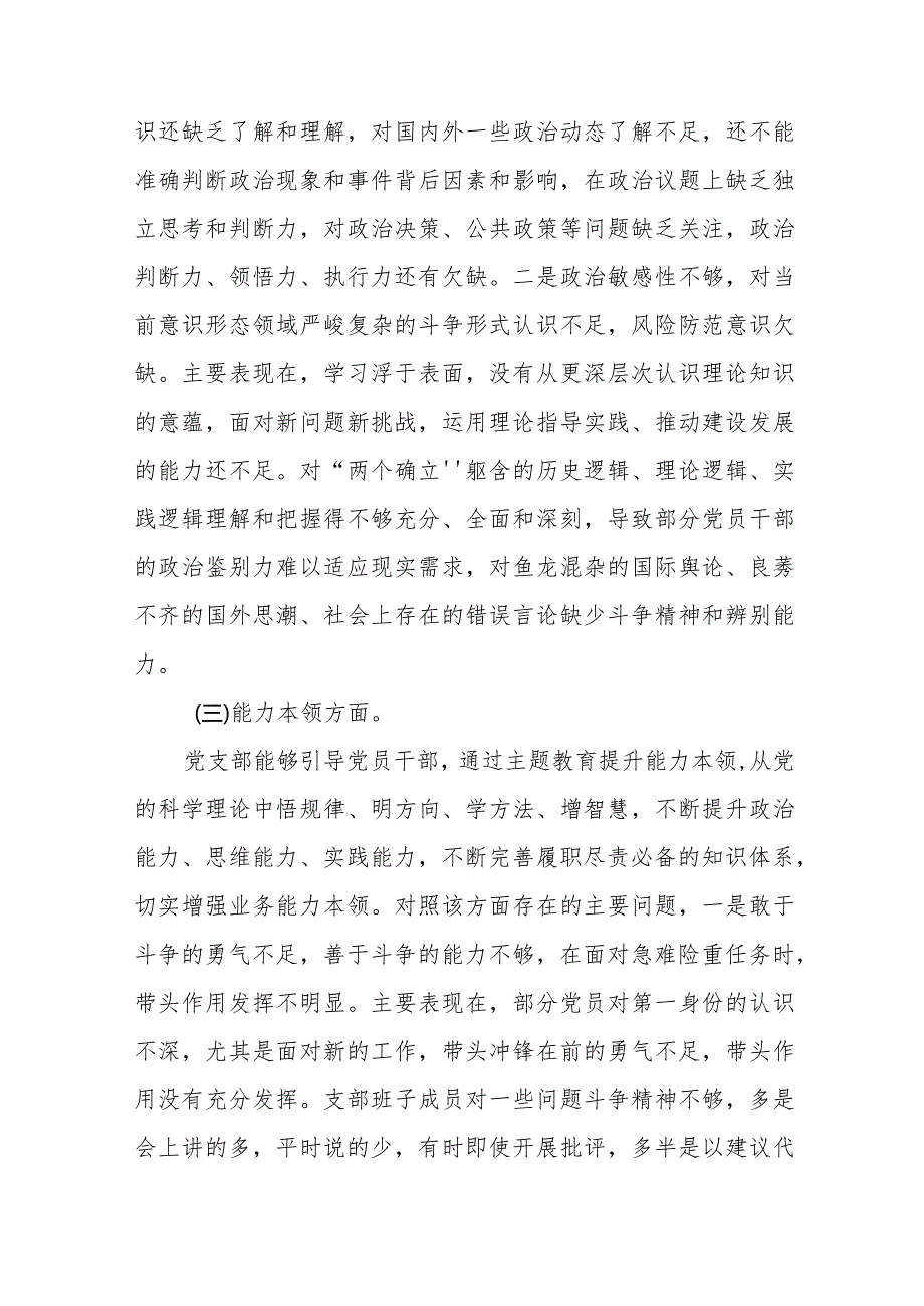 党支部班子2023专题组织生活会围绕组织开展主题教育、执行上级组织决定、严格组织生活、党员教育管理、联系服务群众、抓好自身建设等(1).docx_第3页