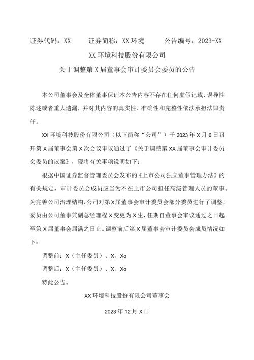 XX环境科技股份有限公司关于调整第X董事会审计委员会委员的公告（2023年）.docx