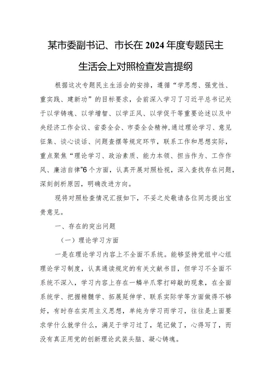 某市委副书记、市长在2024专题民主生活会上对照检查发言提纲.docx_第1页
