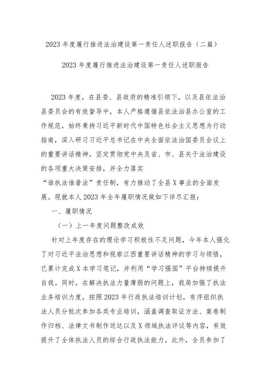2023履行推进法治建设第一责任人述职报告(二篇).docx_第1页