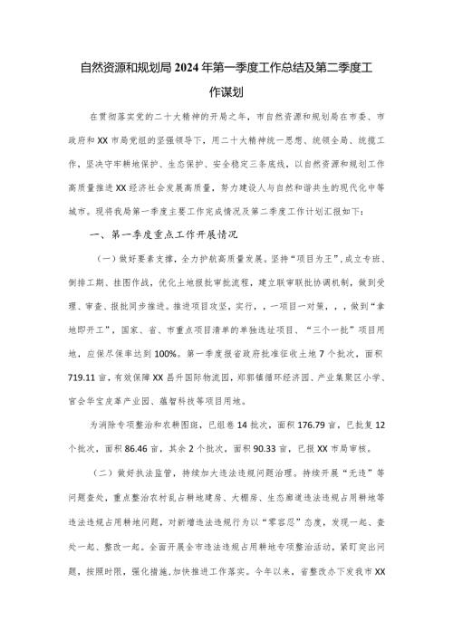 自然资源和规划局2024年第一季度工作总结及第二季度工作谋划.docx