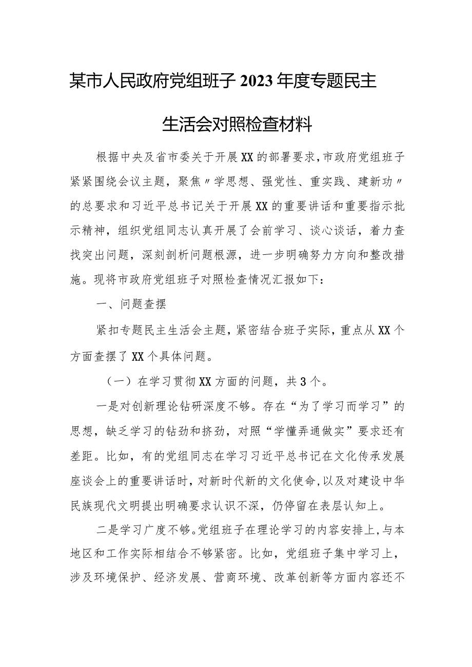 某市人民政府党组班子2023专题民主生活会对照检查材料.docx_第1页