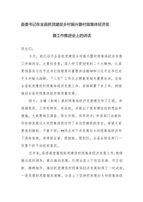 书记在2024年抓党建促乡村振兴暨村级集体经济发展工作推进会上的讲话范文.docx