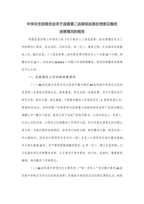 中学总支部委员会关于县委第二巡察组巡察反馈意见整改进展情况的报告.docx