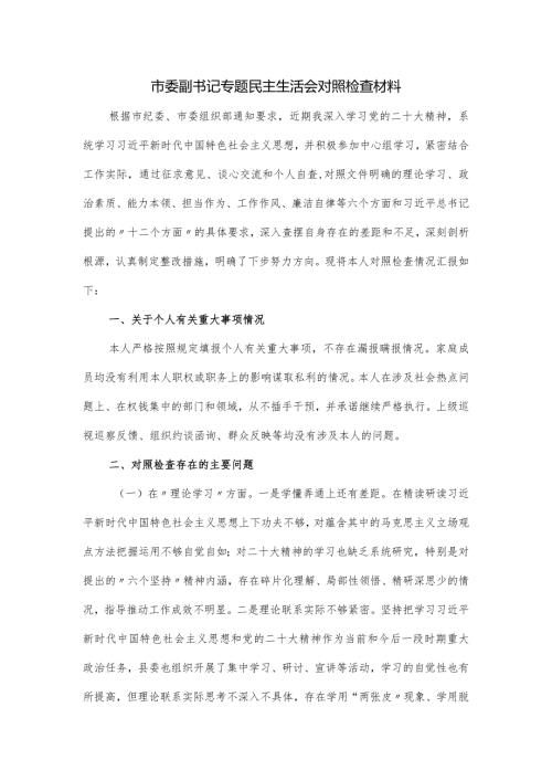 市委副书记专题民主生活会对照检查材料.docx