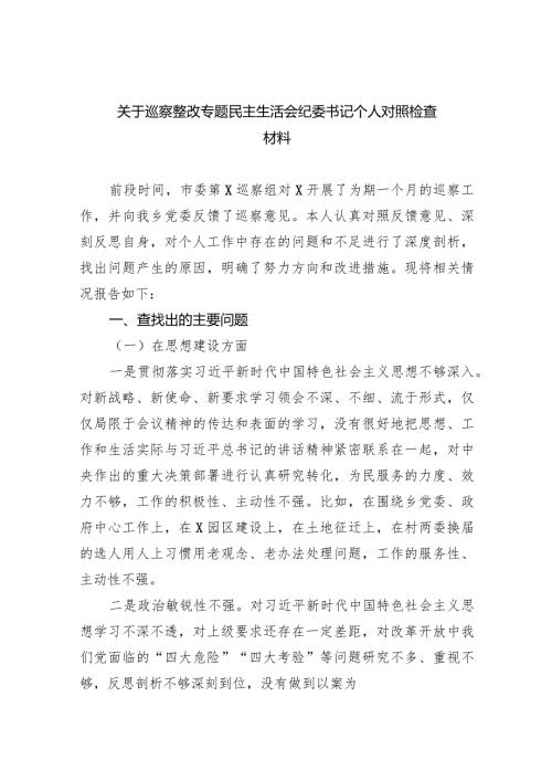 关于巡察整改专题民主生活会纪委书记个人对照检查材料（共8篇）.docx