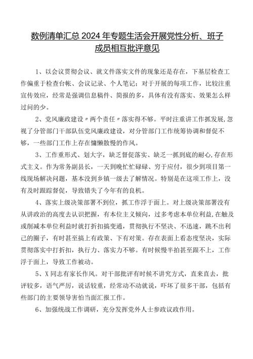 数例清单汇总2024年专题生活会开展党性分析、班子成员相互批评意见.docx