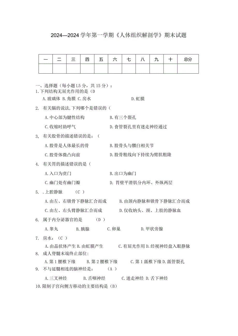 2024—2024第一学期《人体组织解剖学》期末试题.docx_第1页