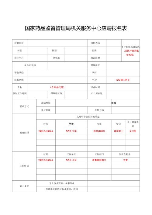 国家食品药品监督管理局培训中心应聘报名表.docx