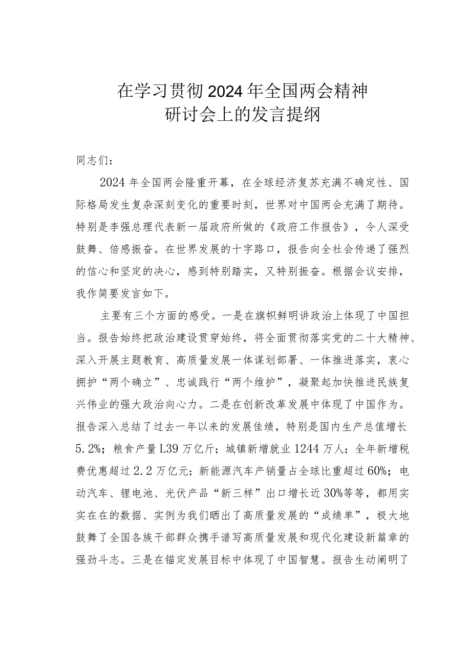 在学习贯彻2024年全国两会精神研讨会上的发言提纲.docx_第1页