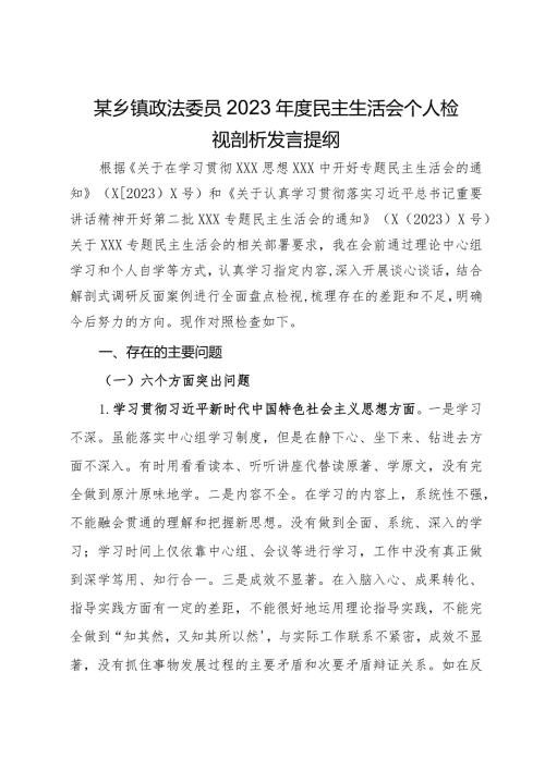 某乡镇政法委员2023民主生活会个人检视剖析发言提纲.docx