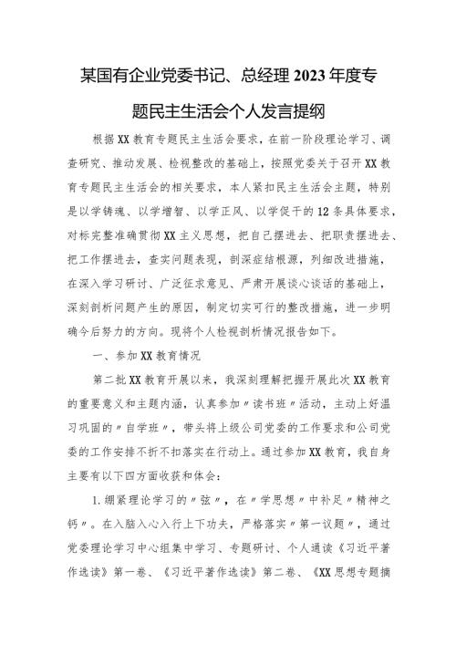某国有企业党委书记、总经理2023专题民主生活会个人发言提纲.docx