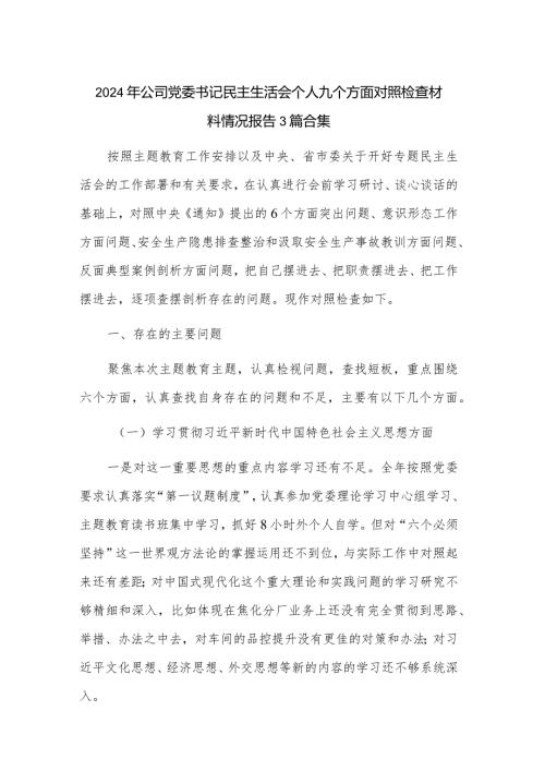 2024年公司党委书记民主生活会个人九个方面对照检查材料情况报告3篇合集.docx