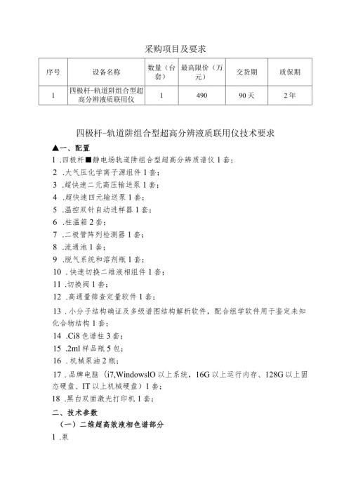 采购项目及要求质保期四极杆轨道阱组合型超高分辨液质联用仪技术要求.docx