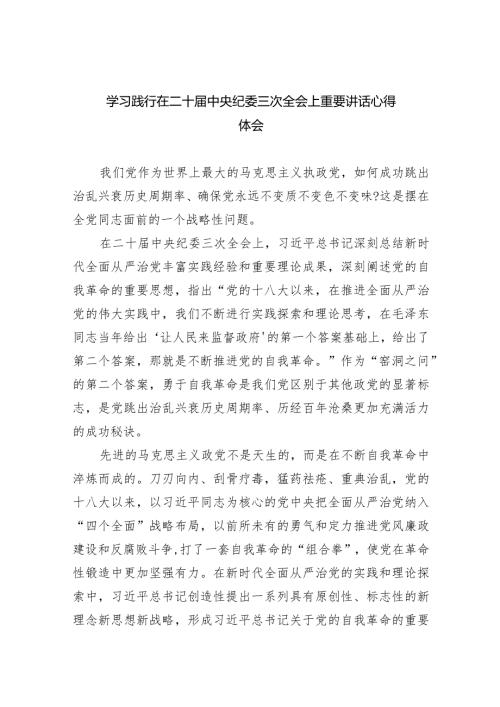 (六篇)学习践行在二十中央纪委三次全会上重要讲话心得体会范文.docx