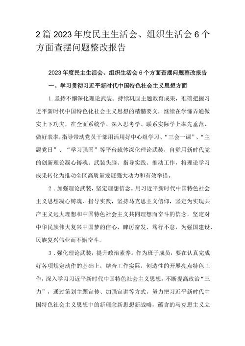 2篇2023民主生活会、组织生活会6个方面查摆问题整改报告.docx