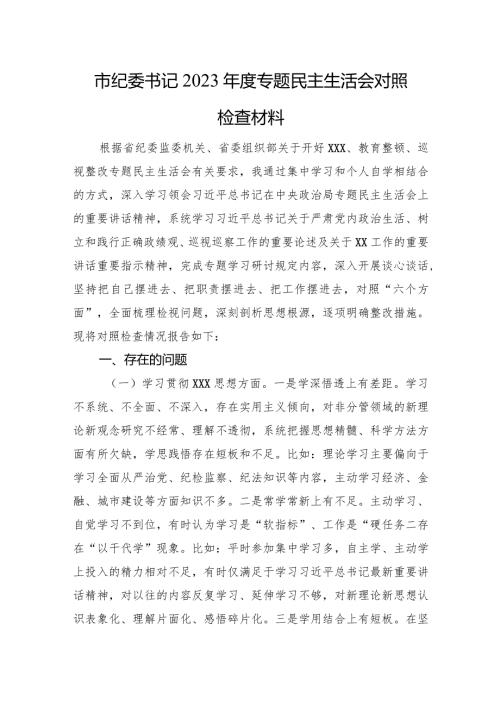 市纪委书记2023主题教育民主生活会对照检查材料（典型案例）.docx