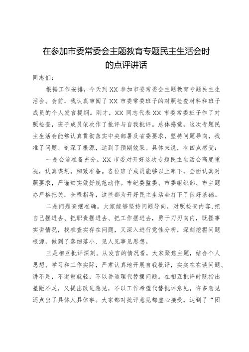 在参加市委常委会主题教育专题民主生活会时的点评讲话.docx