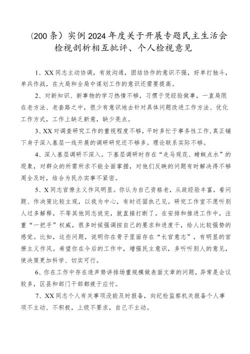 （200条）实例2024关于开展专题民主生活会检视剖析相互批评、个人检视意见.docx