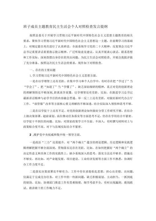 班子成员主题教育民主生活会个人对照检查发言提纲(1).docx
