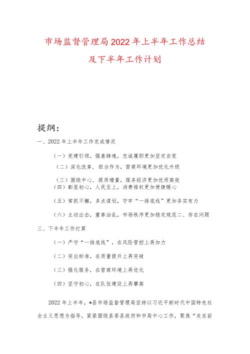 市场监督管理局2022年上半年工作总结及下半年工作计划.docx