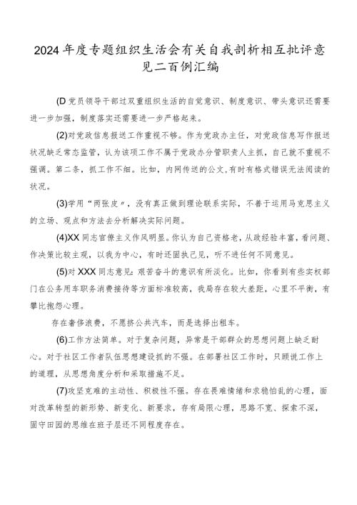 2024专题组织生活会有关自我剖析相互批评意见二百例汇编.docx