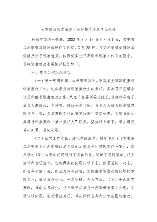 X市财政局党组关于巡察整改进展情况报告.docx