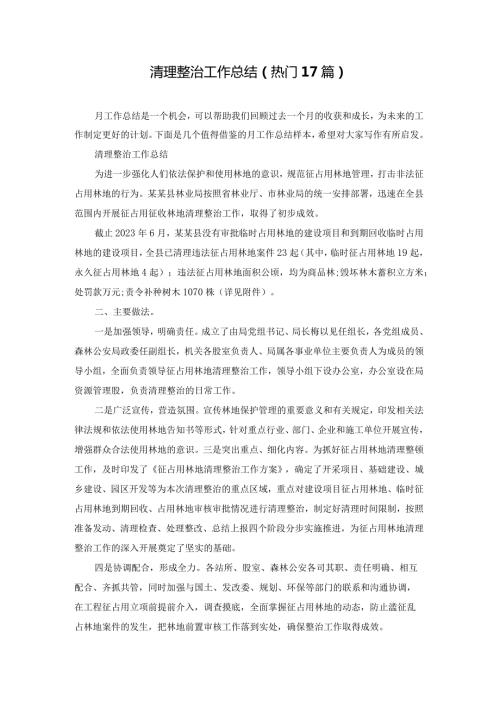 清理整治工作总结（热门17篇）.docx