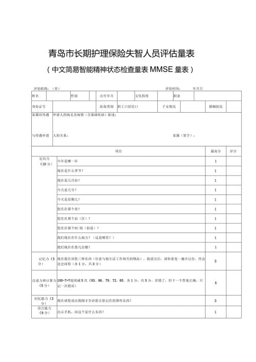 青岛市长期护理保险失智人员评估量表.docx