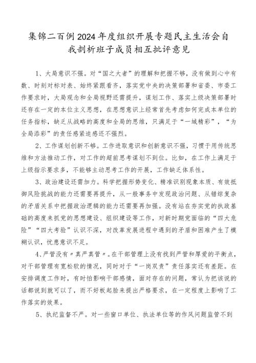 集锦二百例2024组织开展专题民主生活会自我剖析班子成员相互批评意见.docx