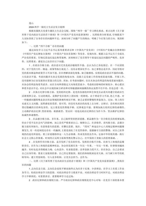 2024两学一做民主生活会发言提纲.docx