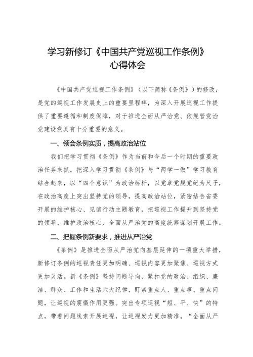 乡镇书记学习2024新修订中国共产党巡视工作条例心得体会五篇.docx