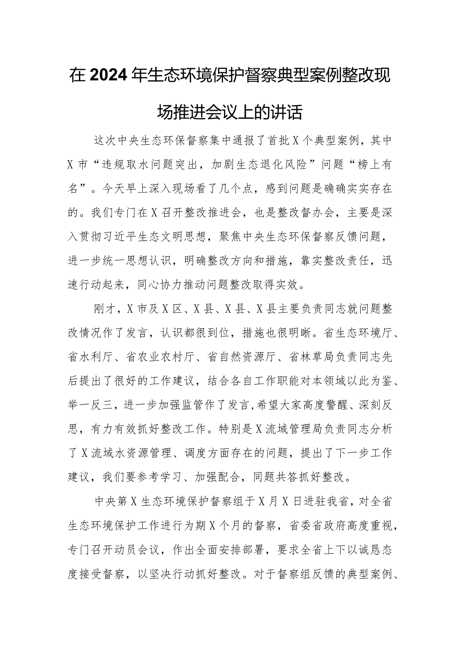 在2024年生态环境保护督察典型案例整改现场推进会议上的讲话.docx_第1页