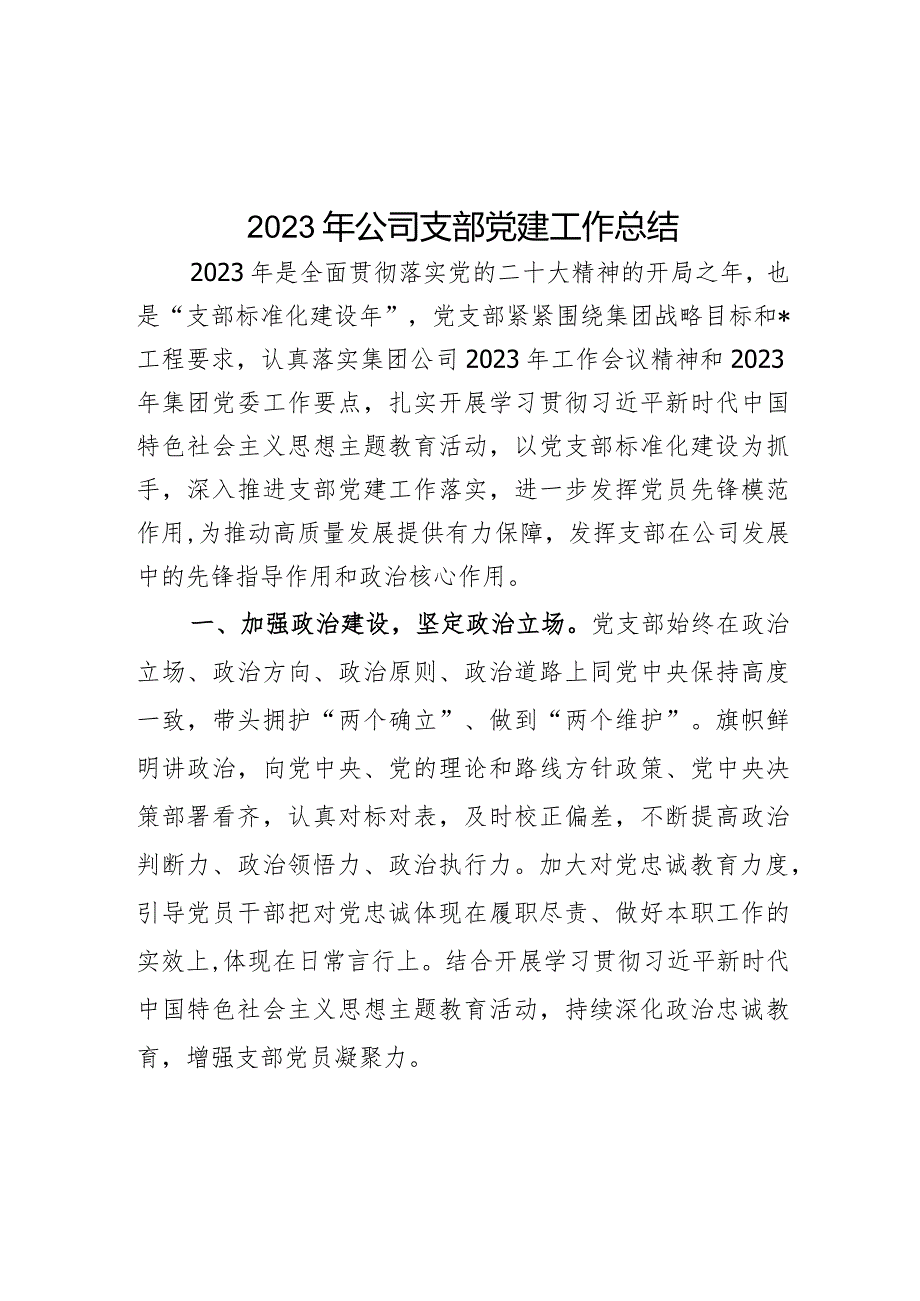 2023年公司支部党建工作总结(1).docx_第1页
