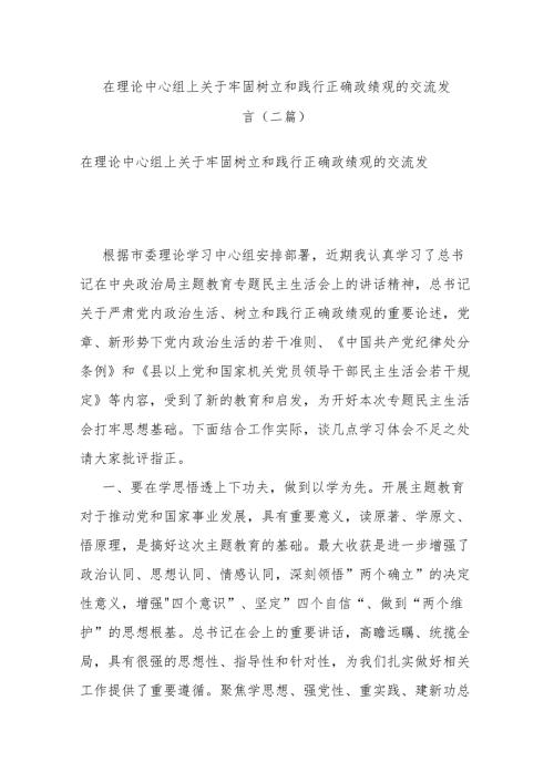 在理论中心组上关于牢固树立和践行正确政绩观的交流发言(二篇).docx