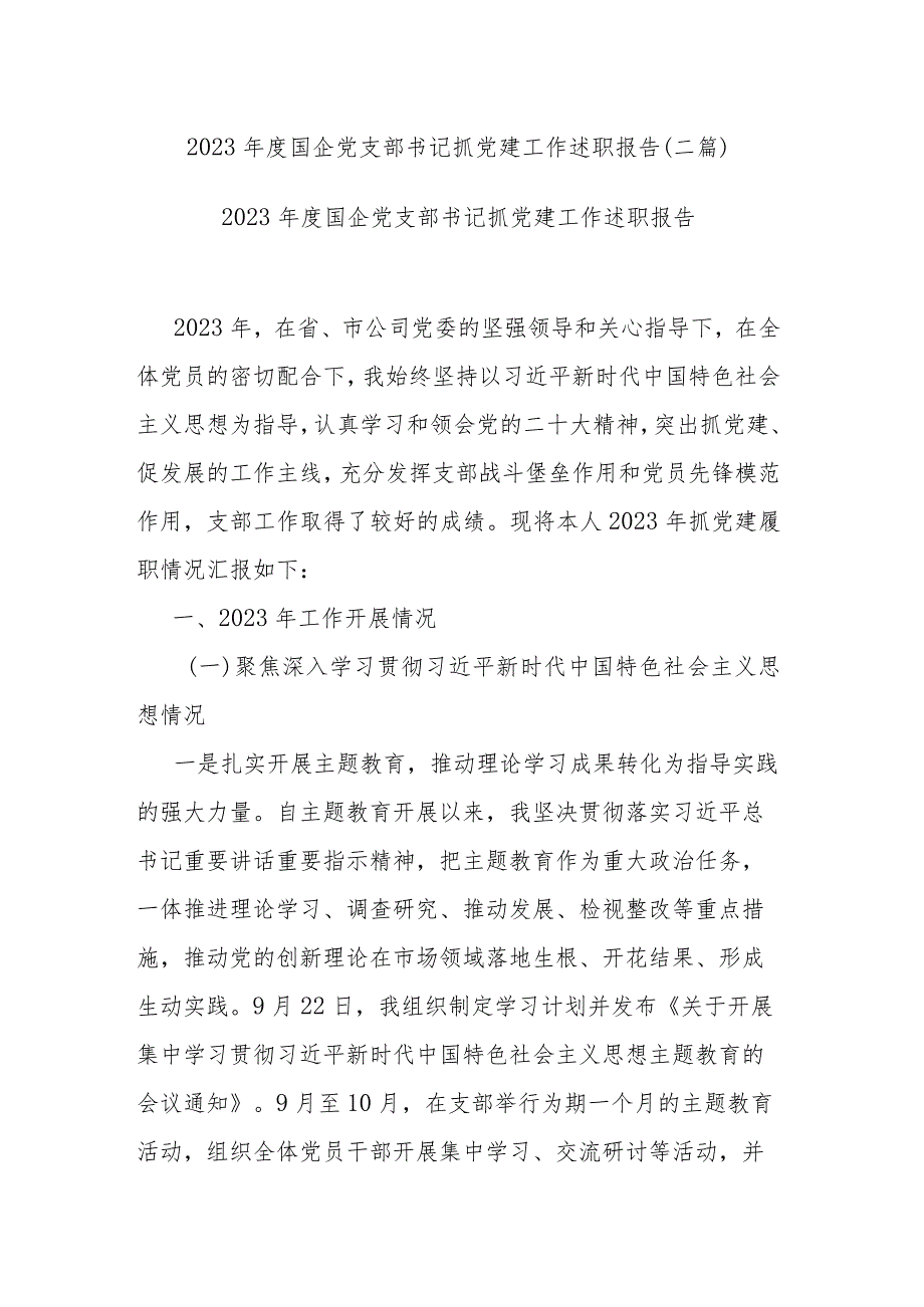 2023国企党支部书记抓党建工作述职报告(二篇).docx_第1页