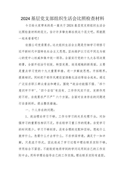 2024基层党支部组织生活会对照检查材料.docx