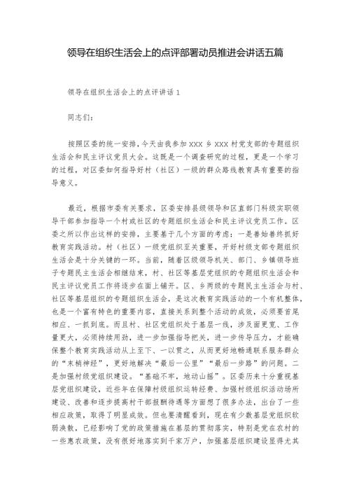 领导在组织生活会上的点评部署动员推进会讲话五篇.docx