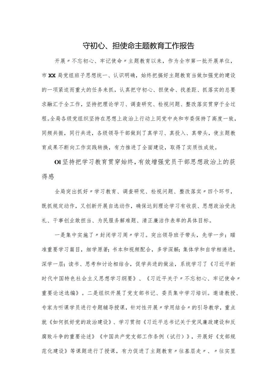 守初心、担使命主题教育工作报告.docx_第1页