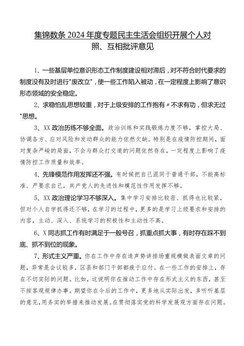 集锦数条2024专题民主生活会组织开展个人对照、互相批评意见.docx