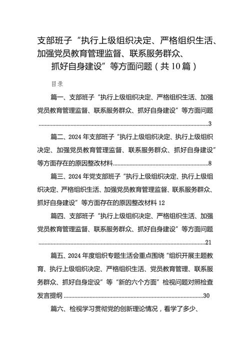 支部班子“执行上级组织决定、严格组织生活、加强党员教育管理监督、联系服务群众、抓好自身建设”等方面问题精选(通用10篇).docx