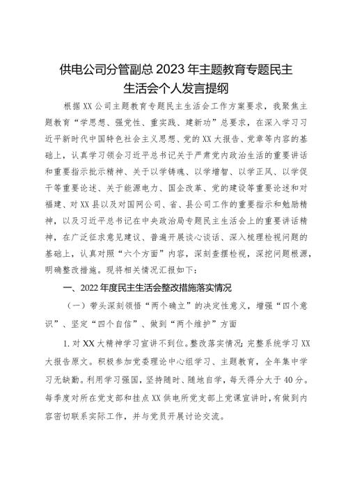 供电公司分管副总2023年主题教育专题民主生活会个人发言提纲.docx