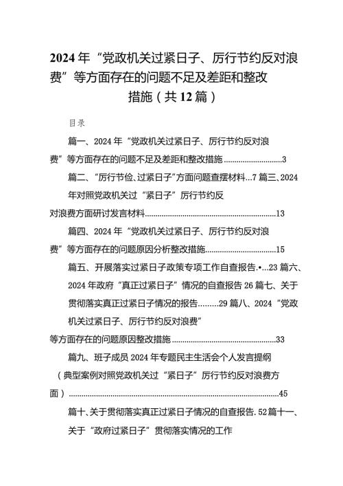 2024年“党政机关过紧日子、厉行节约反对浪费”等方面存在的问题不足及差距和整改措施(12篇合集).docx