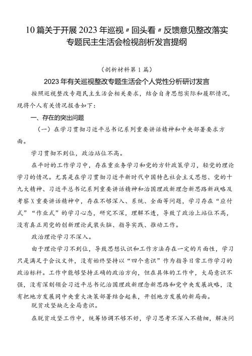 10篇关于开展2023年巡视“回头看”反馈意见整改落实专题民主生活会检视剖析发言提纲.docx