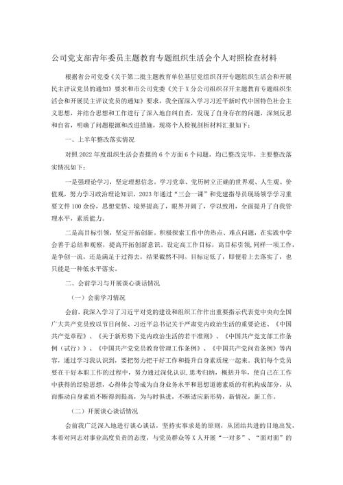 公司党支部青年委员主题教育专题组织生活会个人对照检查材料(1).docx