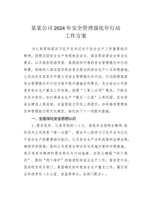 某某公司2024年安全管理强化年行动工作方案.docx