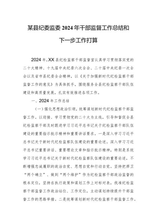 某县纪委监委2024年干部监督工作总结和下一步工作打算.docx