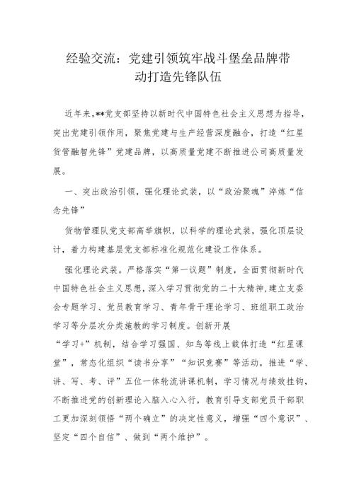 经验交流：党建引领筑牢战斗堡垒品牌带动打造先锋队伍.docx