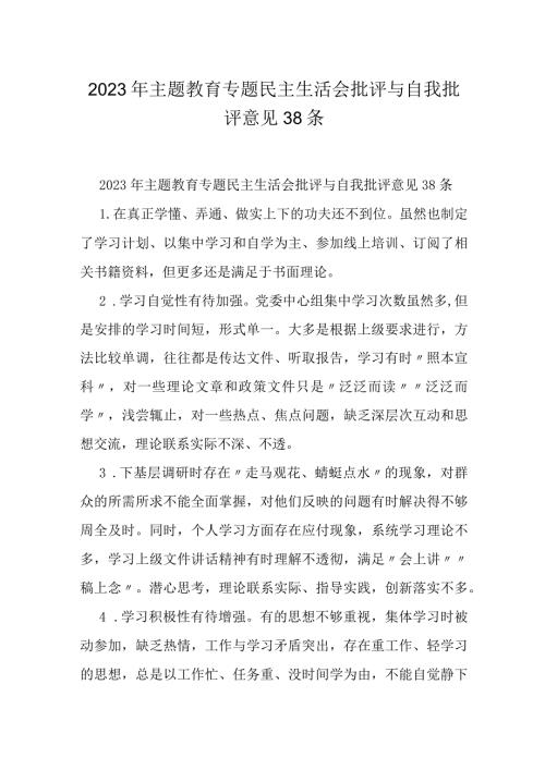 2023年主题教育专题民主生活会批评与自我批评意见38条.docx