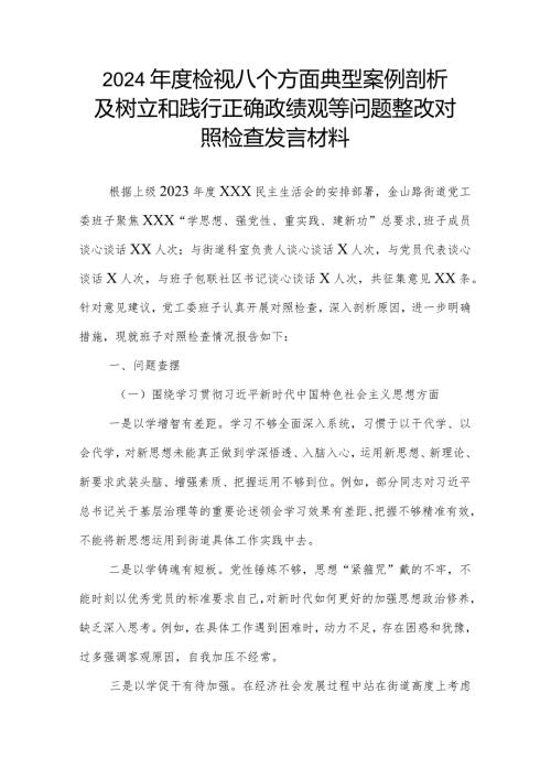 2024检视八个方面典型案例剖析及树立和践行正确政绩观等问题整改对照检查发言材料.docx